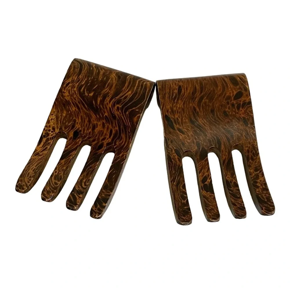Salad Hands Servers Set of 2 Brown Burl Wood Grain Finish